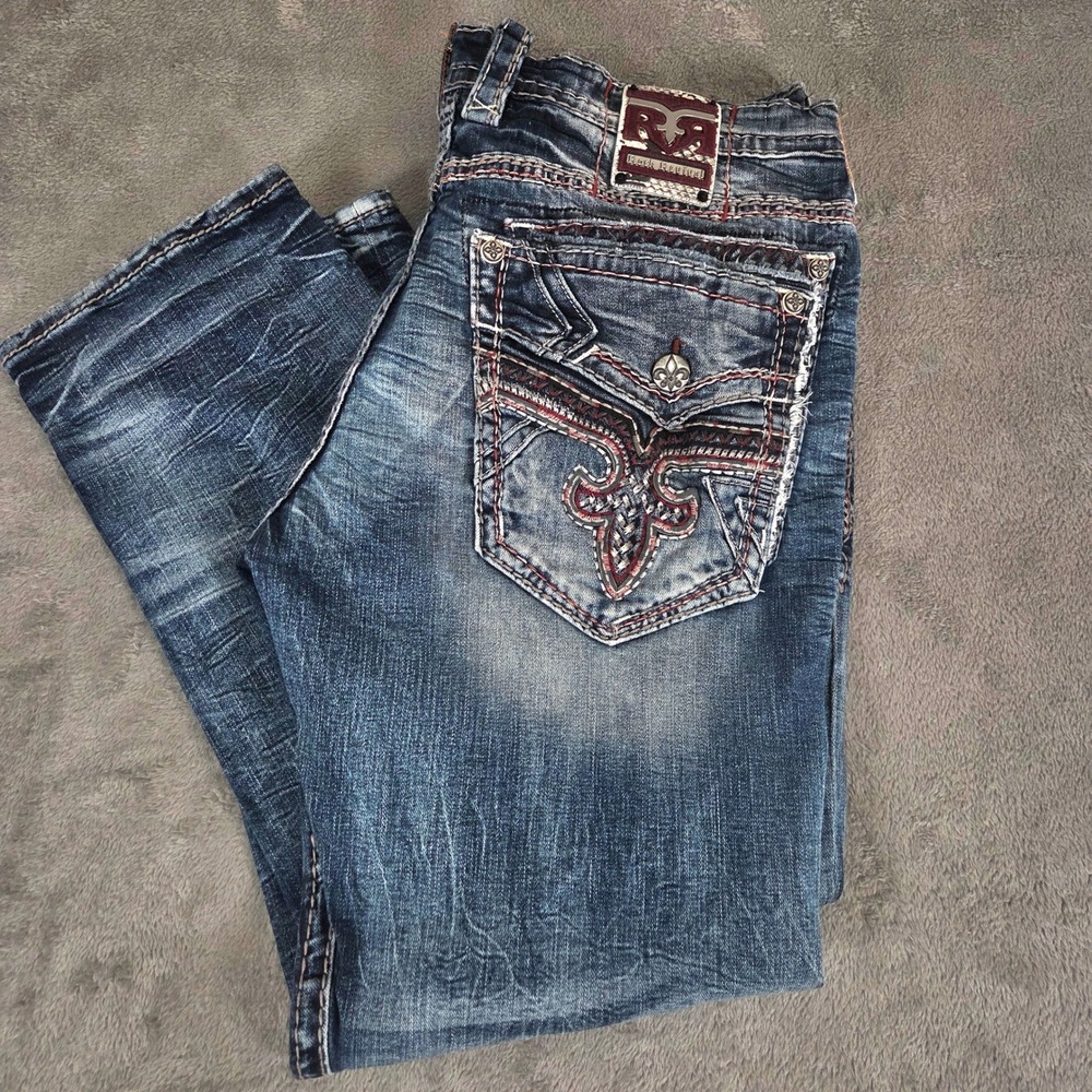 Rock Revival Charlot Relaxed Taper Jeans Mens 42 Blue Distressed Embroidered